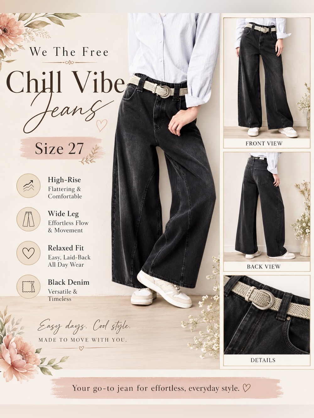 Sz 27 Chill vibe Wide-Leg High-Rise Women’s Jeans — Black